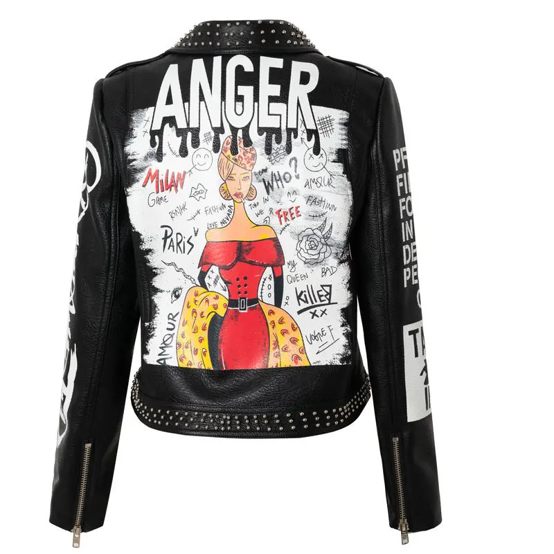 Brief Drucken Graffiti Revers Leder Jacke Weiblichen Niet Punk Stil Kühlen Motorrad Jacke Frauen Große Größe Mantel Streetwear Y1104