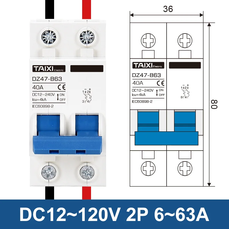 DC 12V 24V 48V 36V 72V MCB batería Protector de coche Mini disyuntor DZ47 aislador de interruptor de protección de poste positivo y negativo