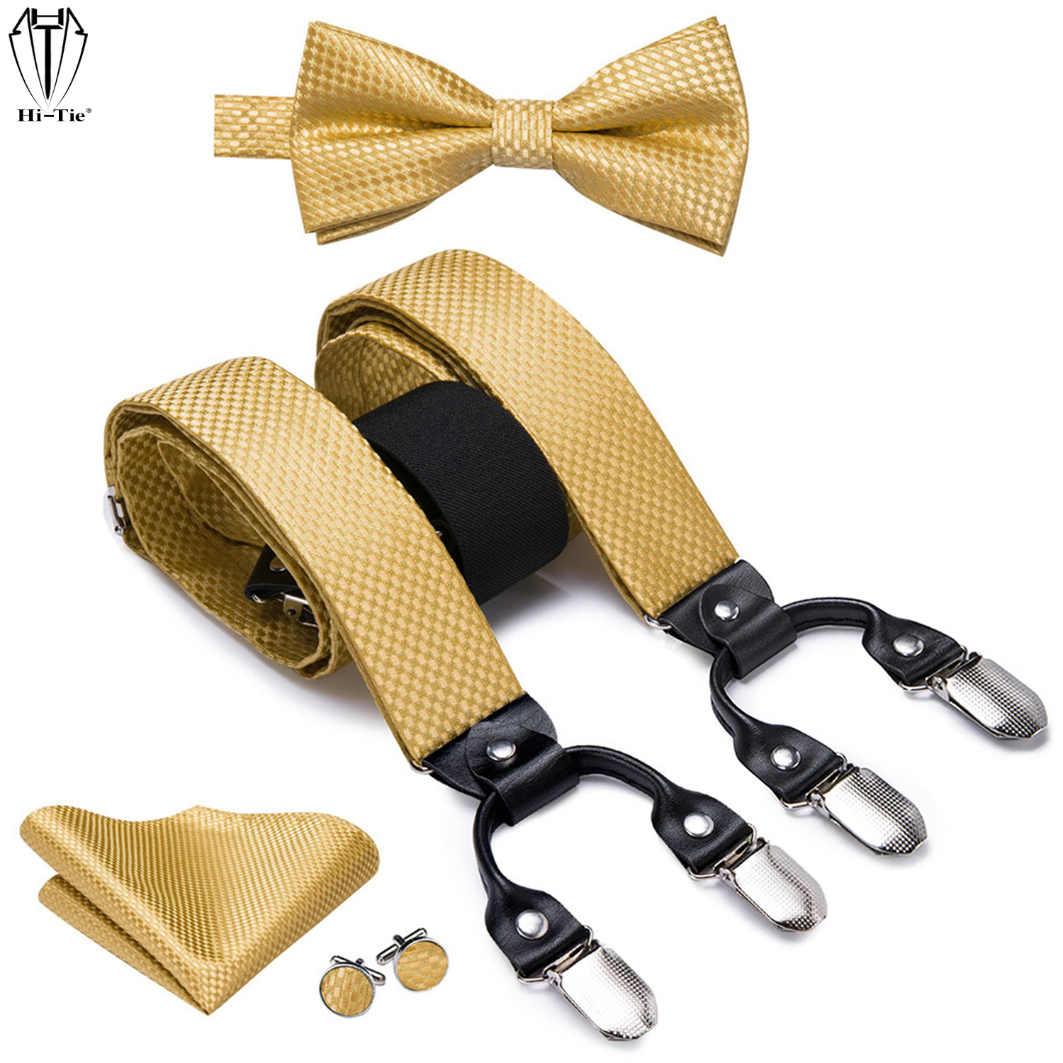 Hi-Tie Zijde Mannen Bretels Set Gold Plain Jacquard 6 Clips Mannelijke Bretels Bowtie Hanky Manchetknopen Zwart Lederen Y Terug Bandjes Gift