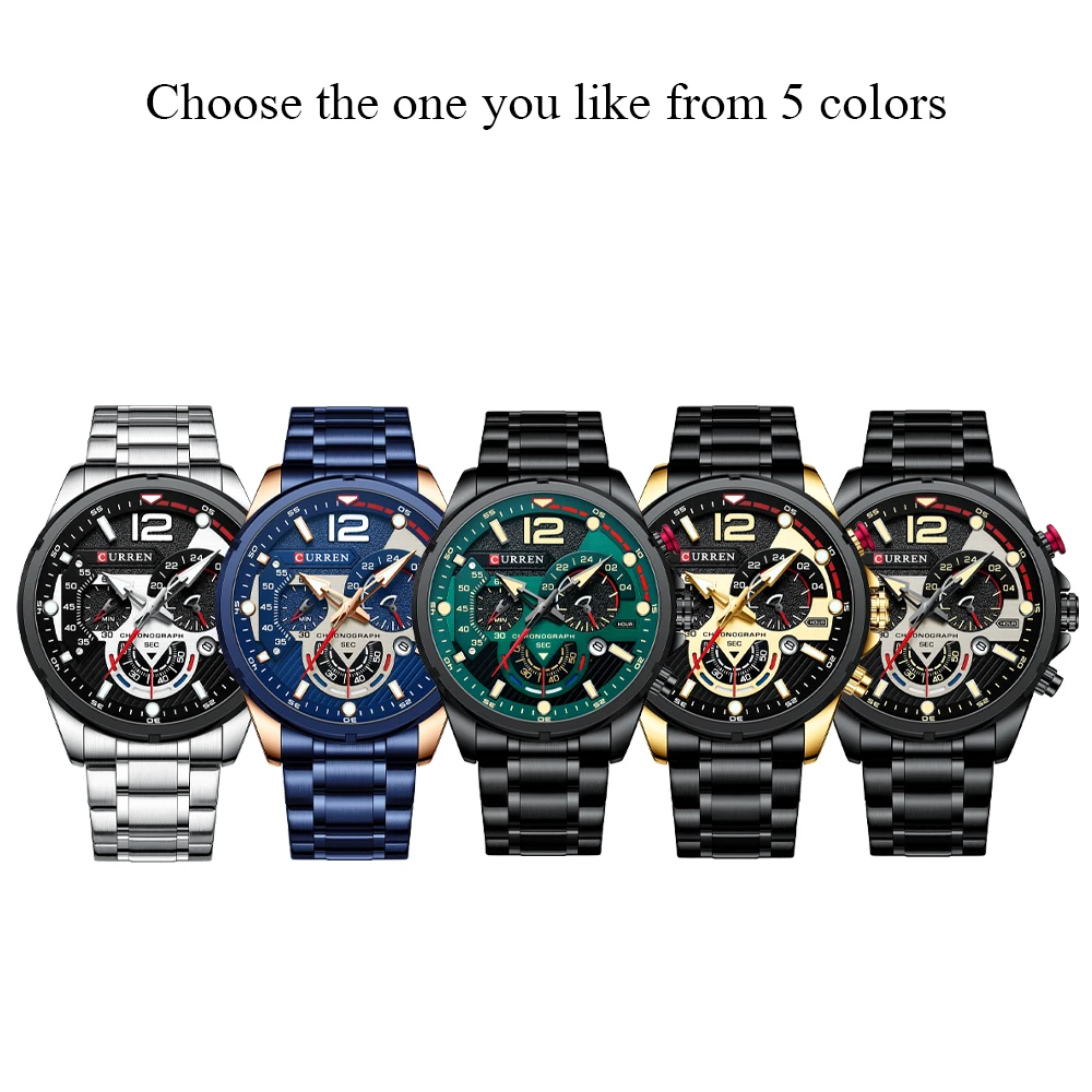 Relojes CURREN de cuarzo a la moda, reloj de pulsera deportivo informal para hombre con cronógrafo de acero inoxidable, reloj con esfera luminosa