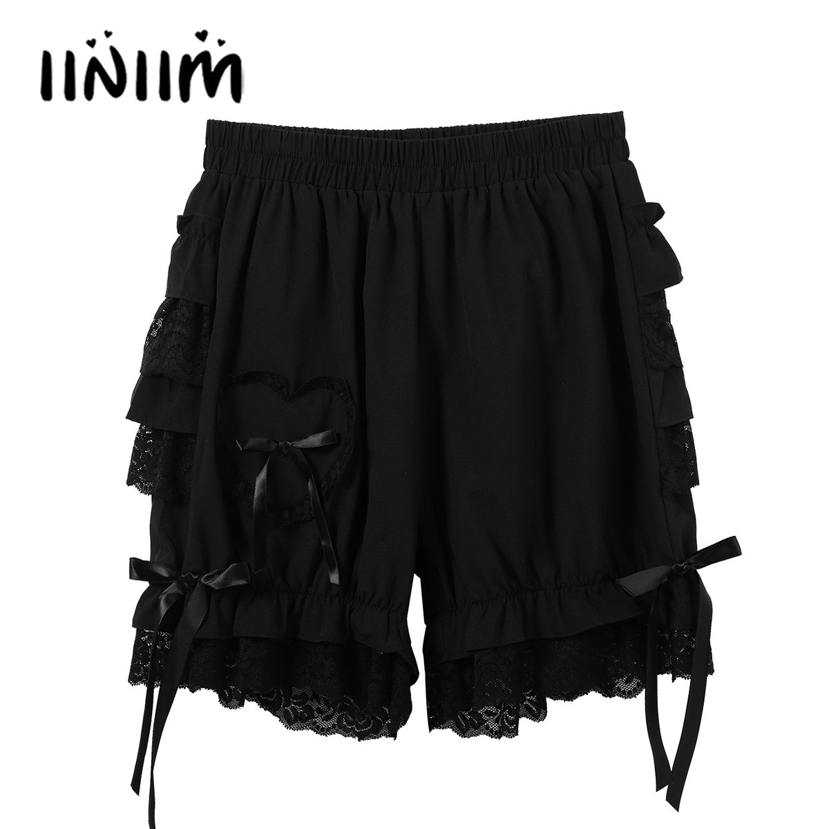 Frauen Layered Rüschen Spitze Trim Lose Kürbis Shorts Vintage Victorian Gothic Hosen Kostüm Elastische Taille Pumphose Shorts