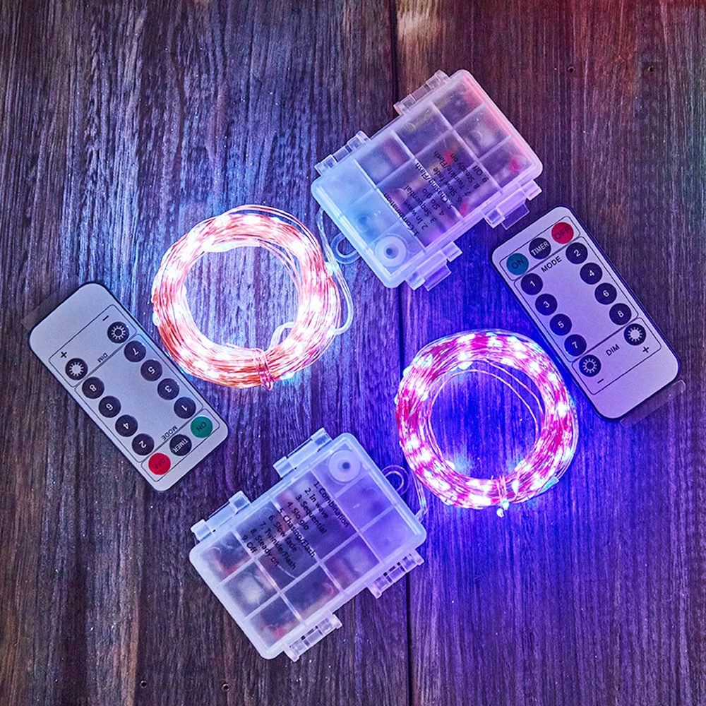 Lámpara LED de alambre de cobre DC4.5V, Control remoto, 8 modos intermitentes, caja de batería, cadena de luces de alambre de cobre, luces de decoración navideña