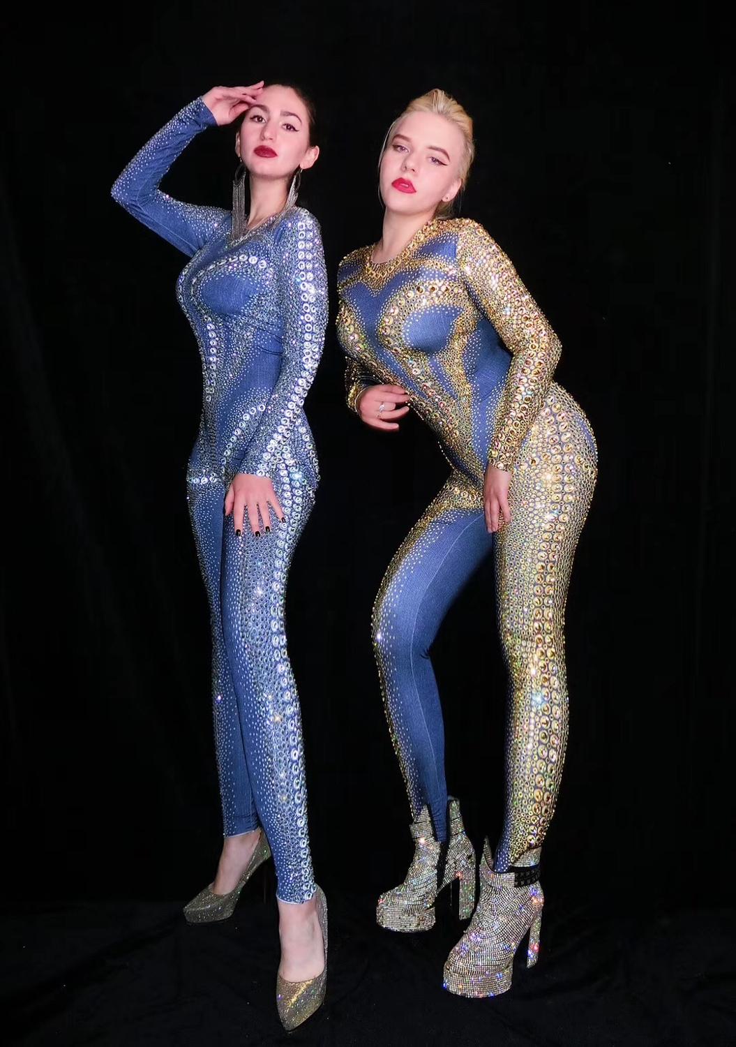 เซ็กซี่เงิน Rhinestones ทองแขนยาว Jumpsuit วันเกิดฉลองพรหมชุดผู้หญิงนักร้อง Dancer เครื่องแต่งกายชุดราตรี