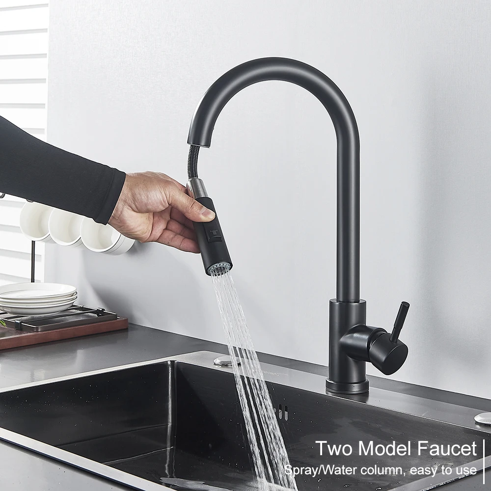 Black Kitchen Faucet Two Function Single Handle Pull Out Mixer  Hot and Cold Water Taps Deck Mounted