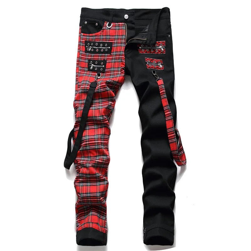 Nova moda vermelho xadrez retalhos punk zíper homens lápis calças jeans y2k fivela hip hop gótico magro denim calças pantaloni uomo
