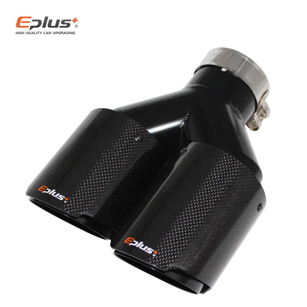 EPLUS Car Carbon Fiber Glossy Muffler Tip Y Shape Double Exit Exhaust Pipe Mufflers Nozzle Decoration Universal Stainless Black