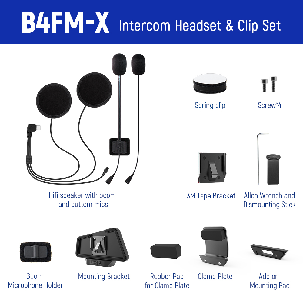 LEXIN LX-B4FM-X Intercom-Headset und Clip-Set für Voll-/Halbhelm mit hochwertigem und lautem Bluetooth-Kopfhörer-Klinkenstecker
