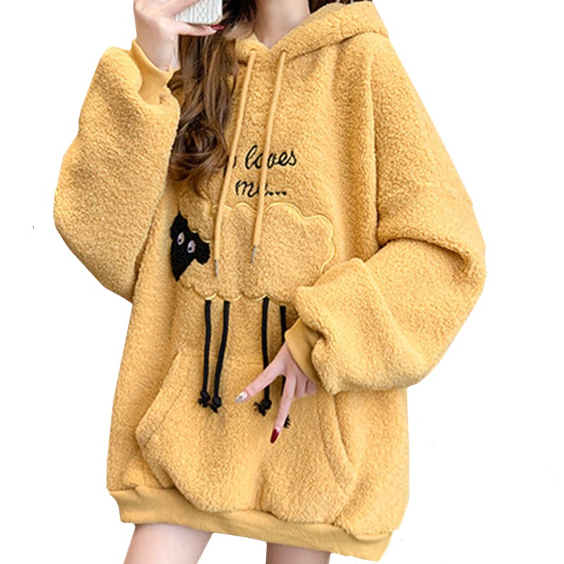 Winter Dicke Lamm Wolle Casual Frauen Hoodie Gelb Lose Dame Sweatshirt Stickerei Cartoon Niedliche Kleine Schafe Pullover Weibliche