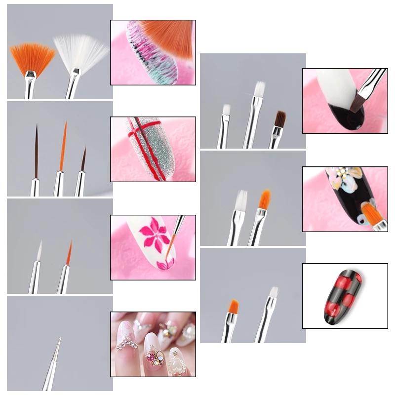 Nail Art Escova Set com Cabo Acrílico, Gel Polonês, Escovas De Cristal, Unhas De Salão, Ferramentas De Manicure, Linha Pintura, Kit Caneta Pontilhando