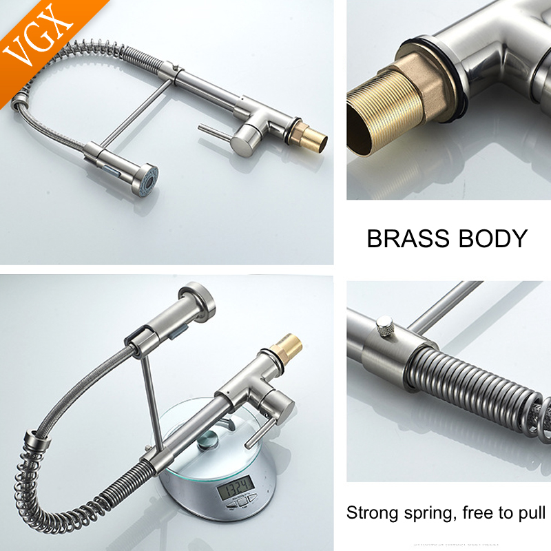 VGX Kitchen Faucet with Pull Down Sprayer Single Handle Mixer for Basin 360° Rotating Spring Style Taps Brass Chrome Gold Black