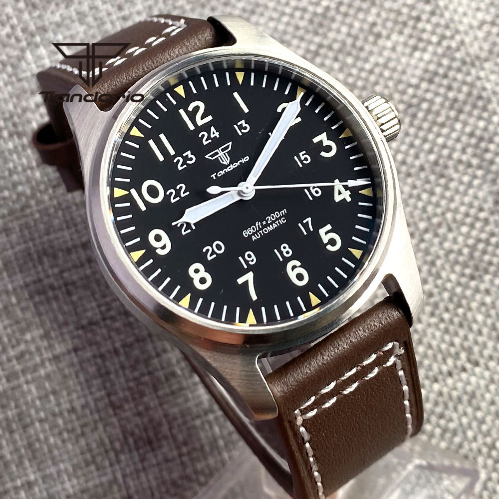 Tandorio 39 mm NH35A 20 bar automatische Tauchpiloten-Herrenuhren, Saphirglas, grünes Leuchtzifferblatt, Lederarmband, Schraubkrone