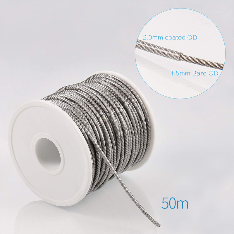 SGYM 56 Teile/satz 50 Meter Stahl PVC Beschichtet Flexible Drahtseil Weiches Kabel Transparent Edelstahl Wäscheleine Durchmesser 2mm Kit