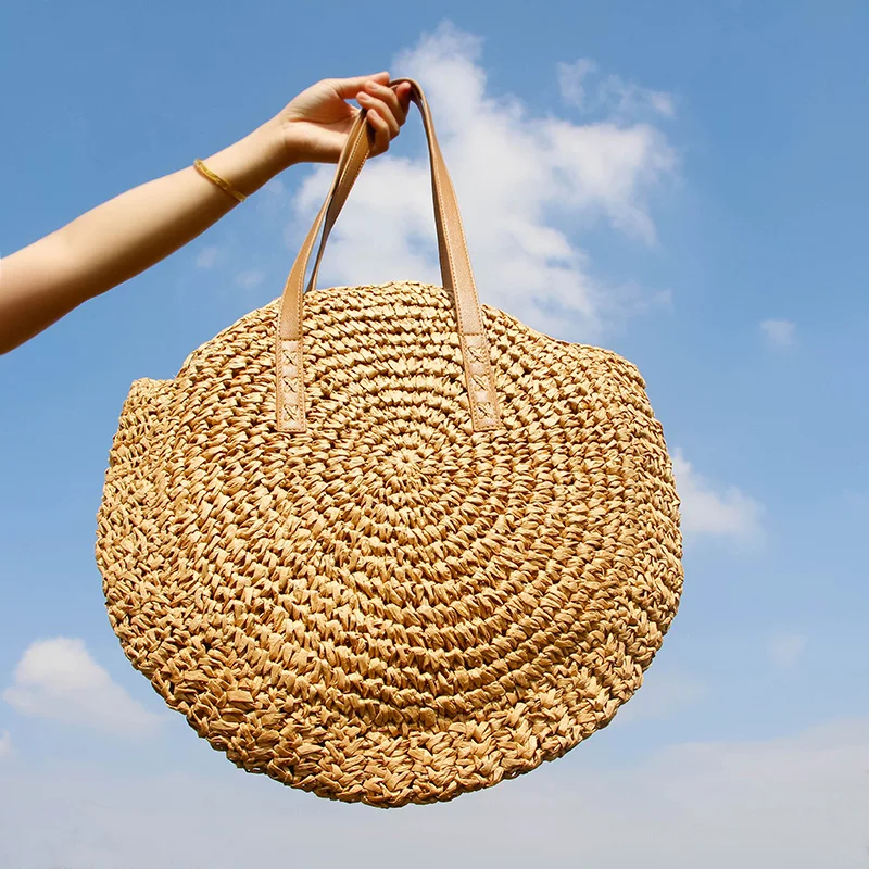 Vòng Ống Hút Túi Xách Đi Biển Vintage Handmade Đeo Vai Raffia Vòng Tròn Mây Túi Bohemian Kỳ Nghỉ Hè Áo Túi