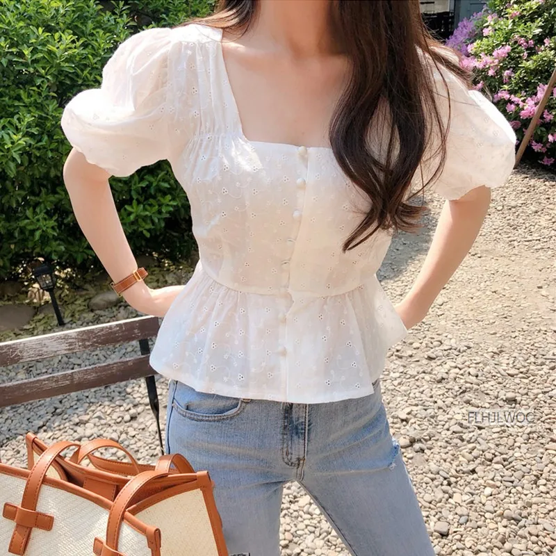 Thêu Dễ Thương Sang Trọng Cao Cấp Nóng Nữ Mùa Hè Hàn Quốc Nhật Bản Phong Cách Thiết Kế Eo Thon Trắng Nút Áo Sơ Mi Áo Flhjlwoc Vintage