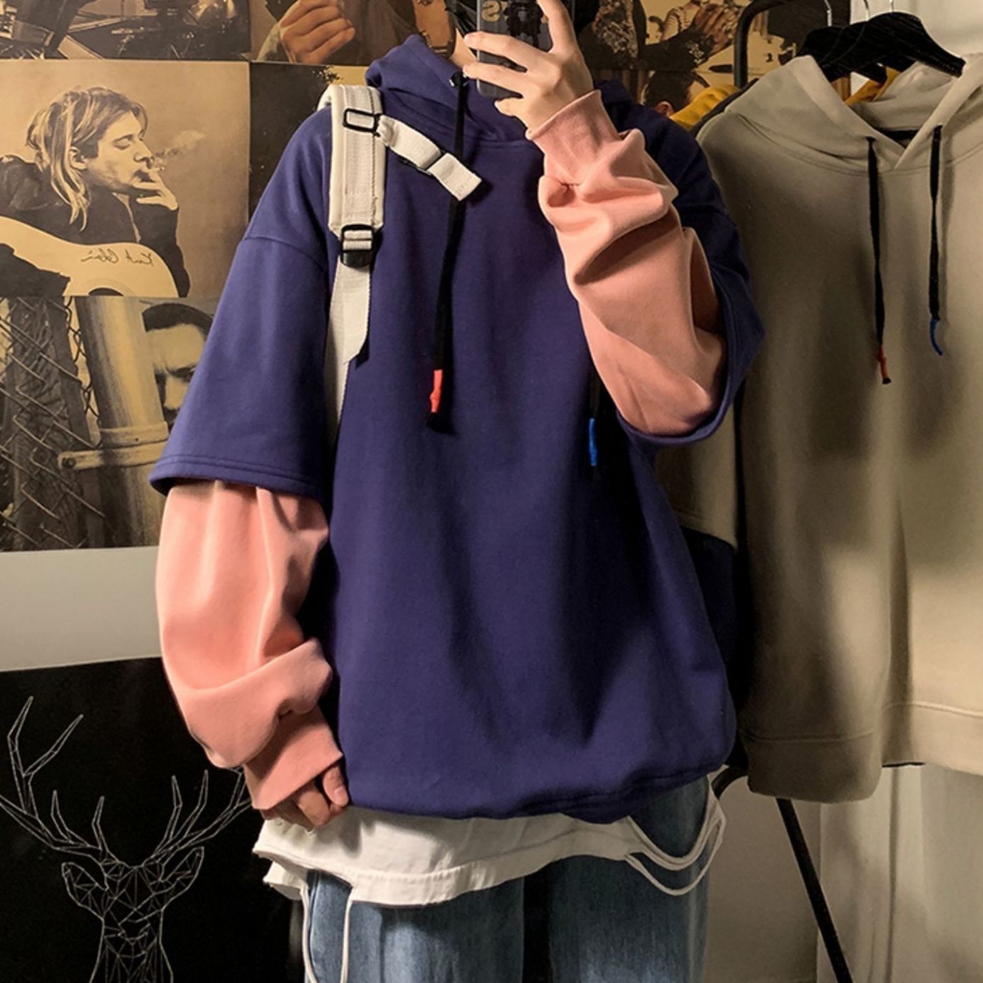 2024 Trend gefälschte zwei Hoodies Herren lose lässige koreanische Studentenmantel