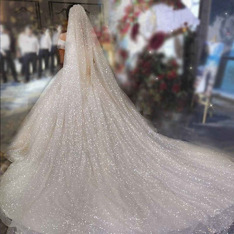 B58-D Sparkle แต่งงานแชมเปญสีงานแต่งงาน Veils Bling เจ้าสาวยาว3M/5M ผ้าคลุมหน้าเจ้าสาวหรูหรา cathedral Veil