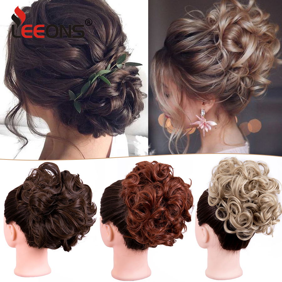 Leeons coque de cabelo sintético marrom loiro cacheado coque bagunçado pente clipe na extensão do cabelo updos postiços para mulheres