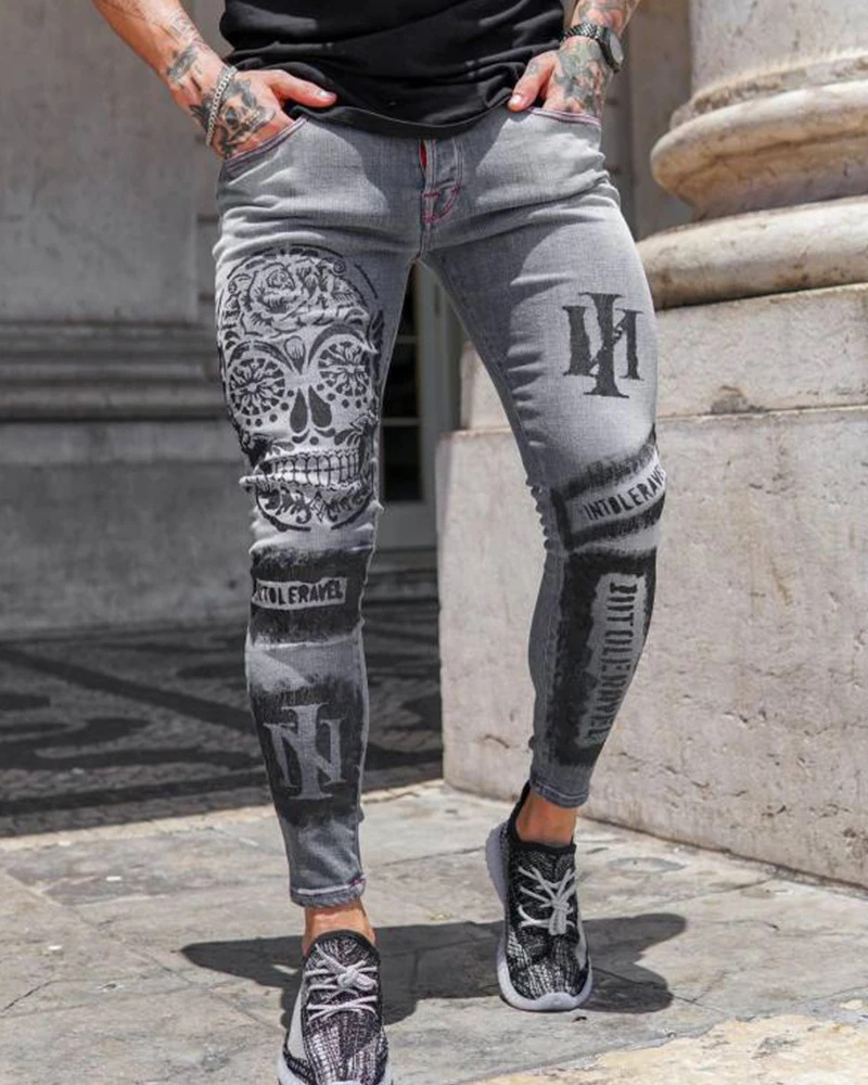 Pantalones vaqueros elásticos a la moda para hombre, pantalones informales, pantalones vaqueros grises ajustados con estampado, pantalones vaqueros estampados a la moda para hombre, pantalones pitillo para hombre
