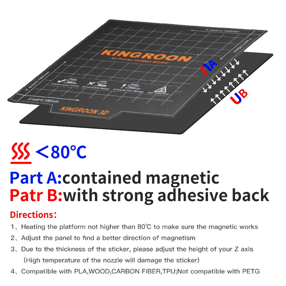 KINGROON 柔軟な磁気ヒートベッド 180 × 180/235 × 235 ミリメートル 3D プリンタホットベッドシート A + B ソフトマグネットビルドプレート KP3S KP5L エンダー 3