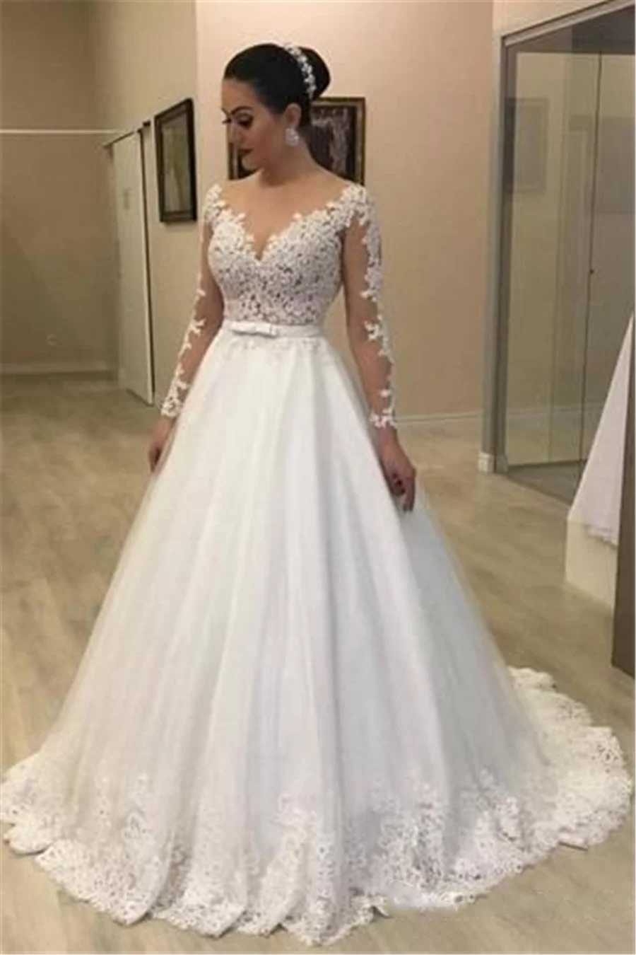 Abiti da sposa a sirena a maniche lunghe trasparenti vedere attraverso la schiena abiti da sposa personalizzati in due pezzi abiti modesti De Novia