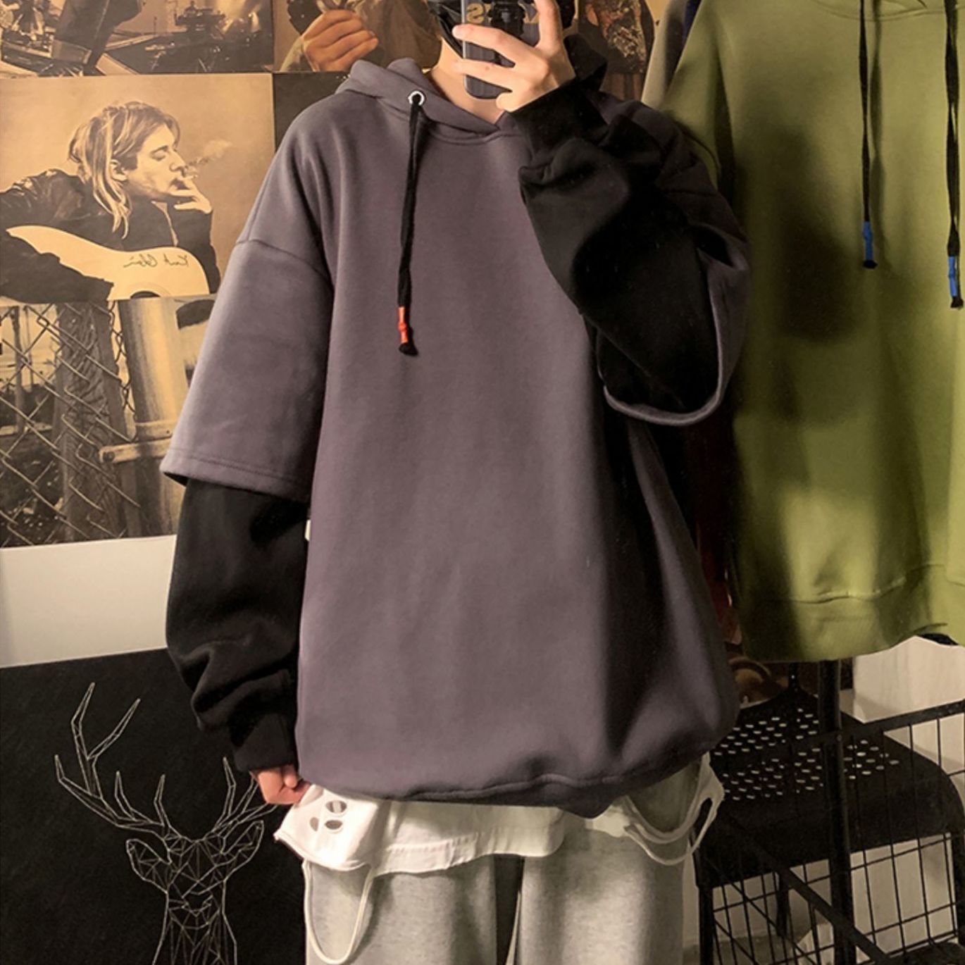 2024 Trend gefälschte zwei Hoodies Herren lose lässige koreanische Studentenmantel