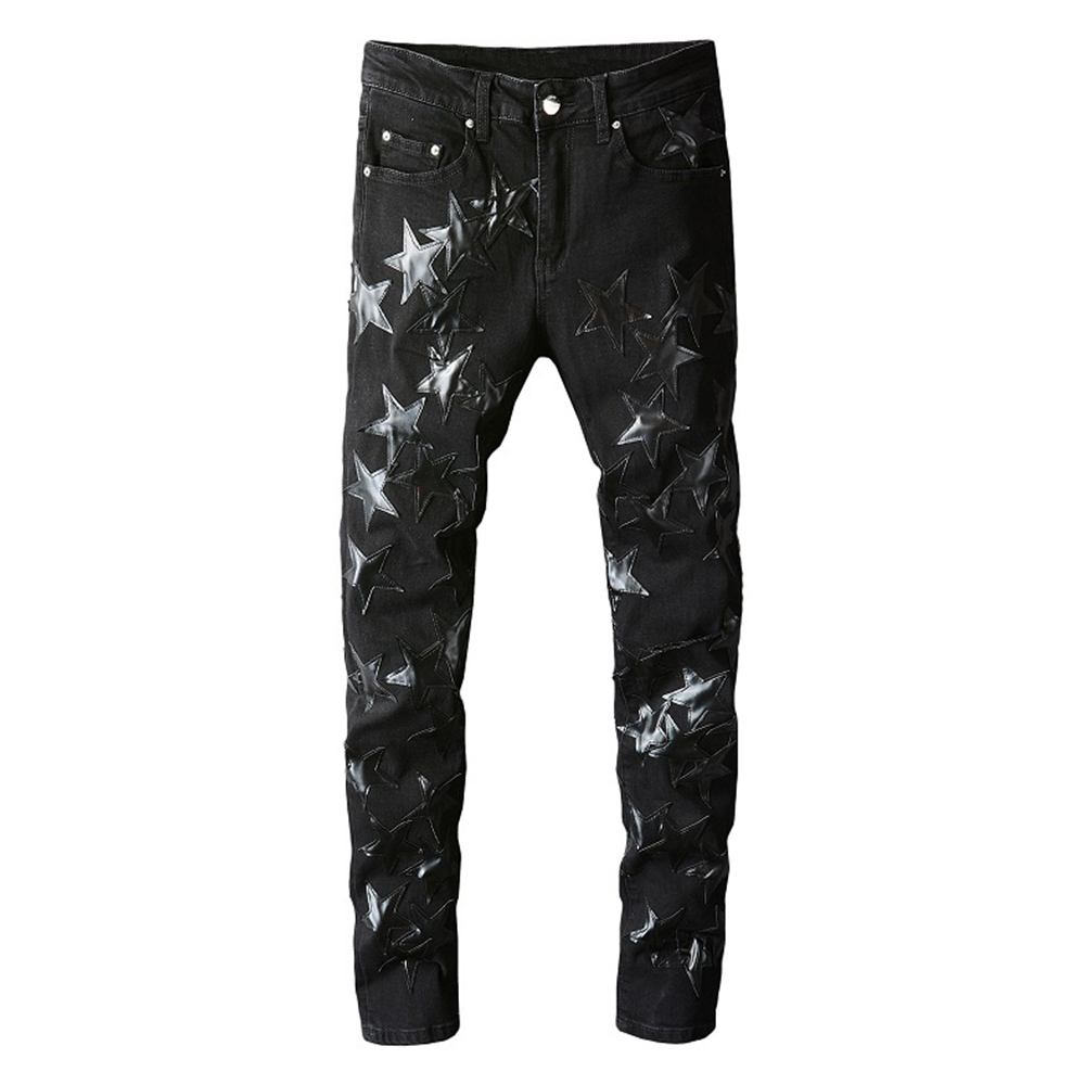 Pantalones vaqueros con parche de estrellas de cuero para hombre, pantalones pitillo de mezclilla elásticos negros, pantalones ajustados de retazos