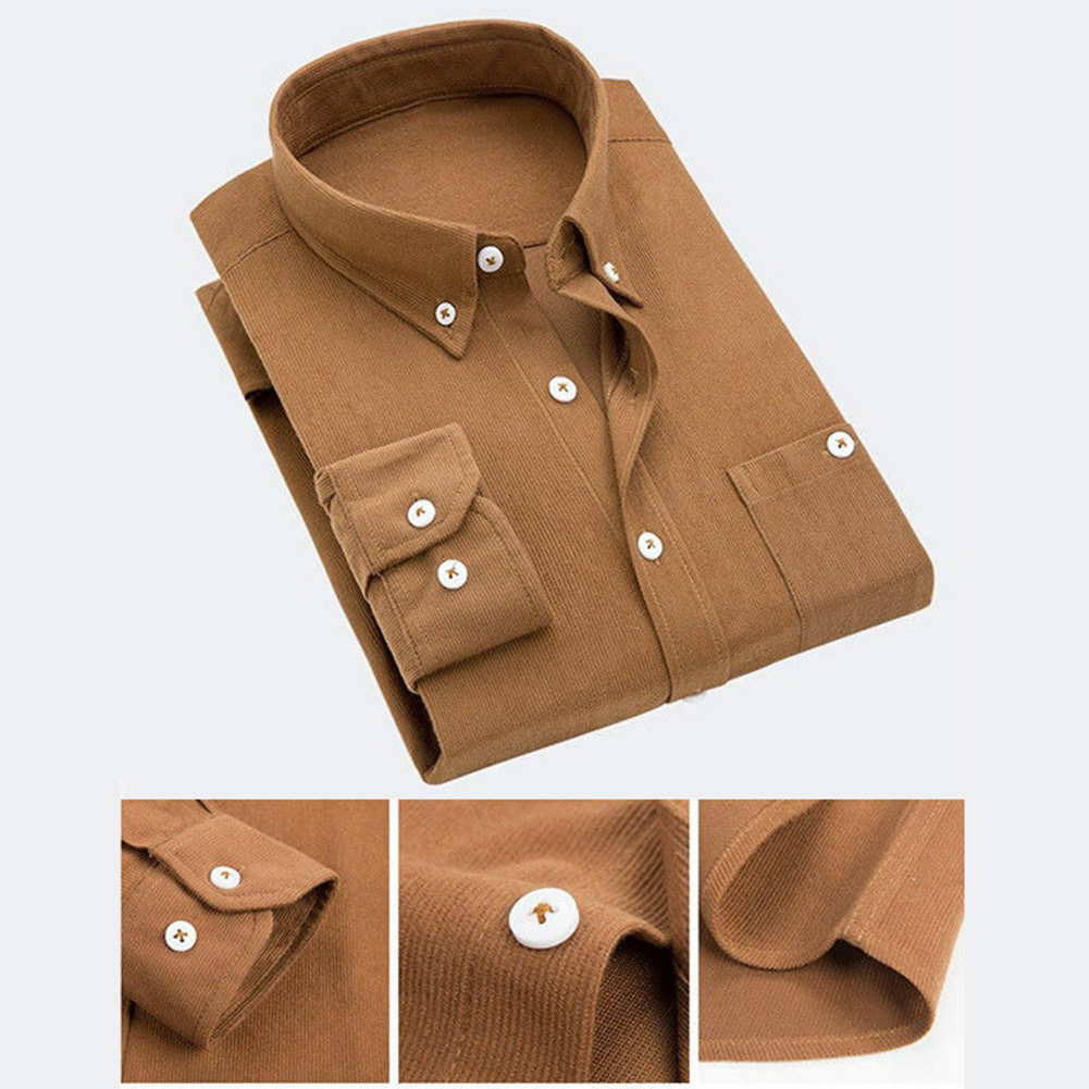 Camisa ajustada de pana para hombre, ropa gruesa de manga larga, informal, de color sólido, forro polar, invierno, 2019