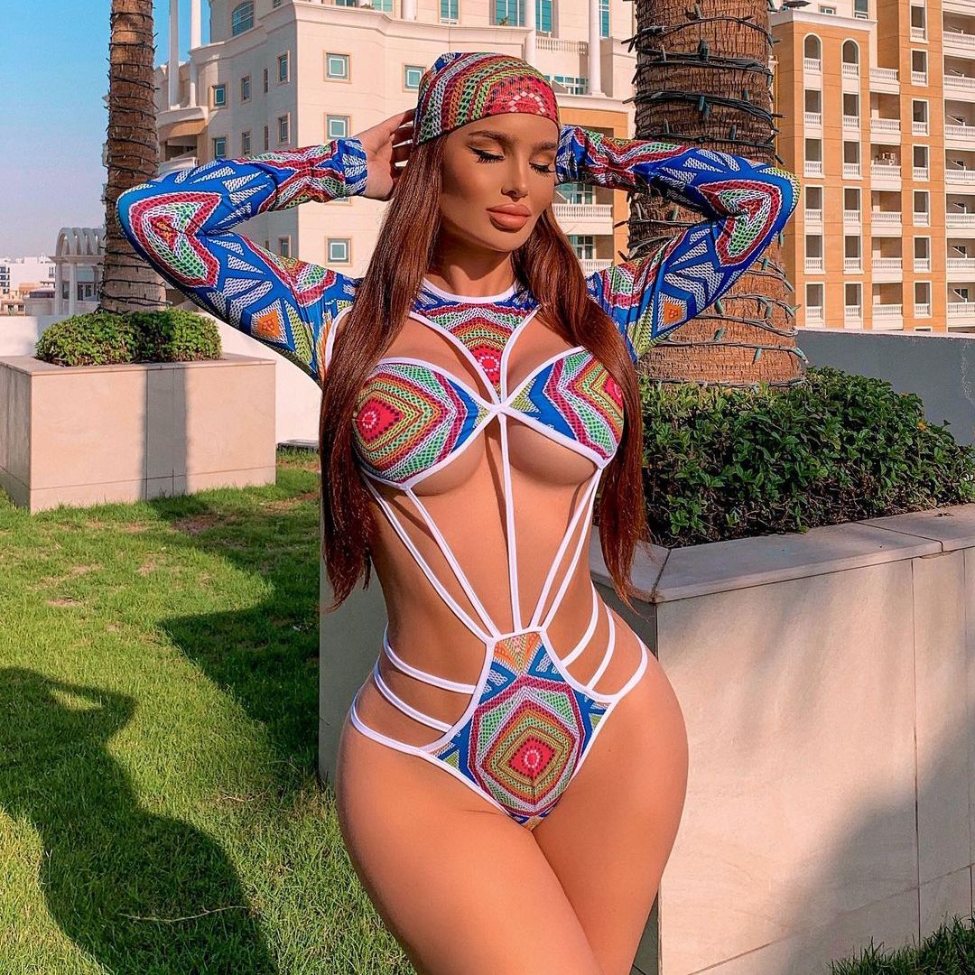 Bodysuit Seksi Wanita Berongga Pakaian Tidur Bertali Baju Monyet Satu Potong Tanpa Punggung Jumpsuit Perban Lengan Panjang Print