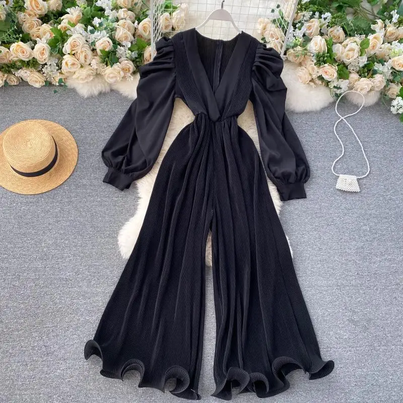 Phụ Nữ Sexy Xếp Ly Áo Liền Quần Thu Đông 2021 Chắc Chắn Tím/Đen/Trắng Jumpersuit Nữ Ren Ống Rộng Rủ Playsuits nữ Mới
