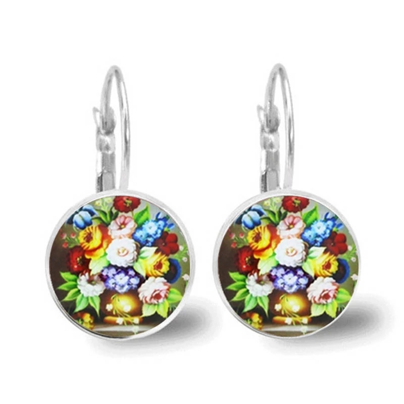 Anting Mawar Baru Perhiasan Wanita Anting Foto Buatan Tangan Kaca Bulat Retro Mawar Indah