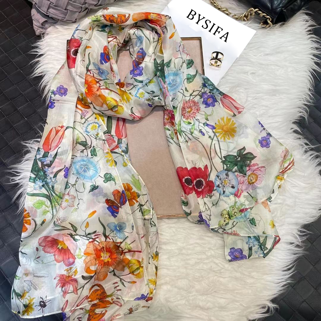 White100 % Lụa Nữ Khăn Bufandas Mùa Hè Đi Biển Bằng Foulard Thu Đông Thương Hiệu Thiết Kế Hoa Dài Khăn Choàng Cổ Nữ Hijabs