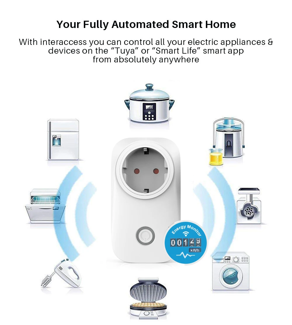 Enchufe inteligente de la UE medidor de energía de enchufe WiFi, Monitor de potencia 10A/16A, función de sincronización, Control por aplicación Tuya SmartLife
