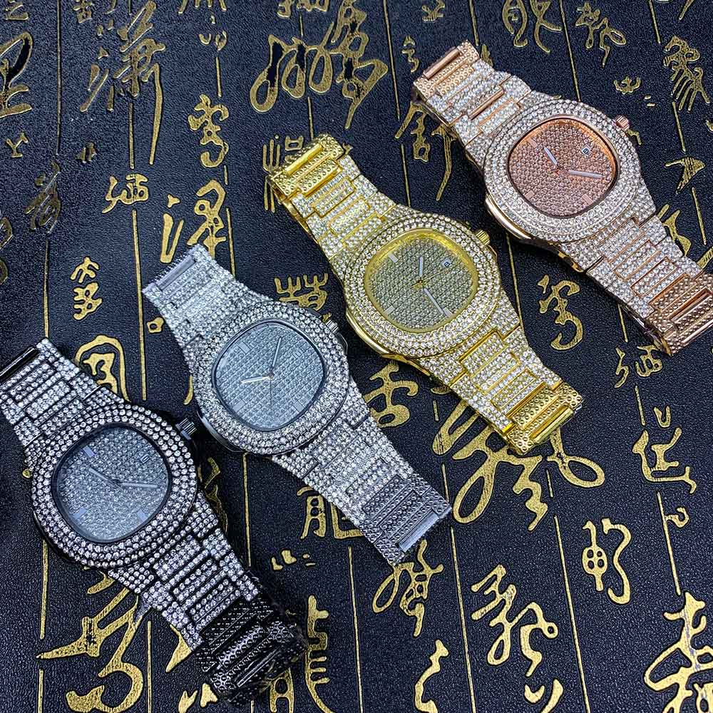 Drop verschiffen Diamant Iced Out Uhr Männer HIP HOP Quarz Gold Herren Uhren Top Brand Luxus Stahl Männlichen Uhr Relogio masculino