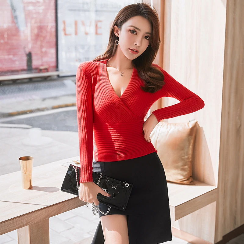 Suéteres básicos cortos para mujer, suéter Sexy con cuello de pico profundo, suéteres de fondo ajustado, Tops de algodón elásticos para mujer 2023