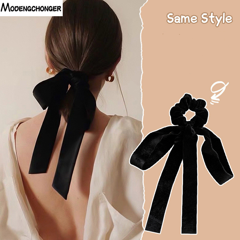 Moda vintage preto arco fita de cabelo scrunchie para mulheres meninas longo elástico laço de cabelo headwear feminino acessórios para o cabelo