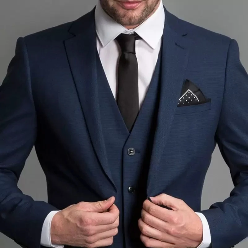 น้ำเงินชายชุด Slim Fit Notched Lapel งานแต่งงาน Tuxedos 3ชิ้นชุด Tailor Made ธุรกิจเครื่องแต่งกายบุรุษ (Blazer + กางเกง + เสื้อกั๊ก)