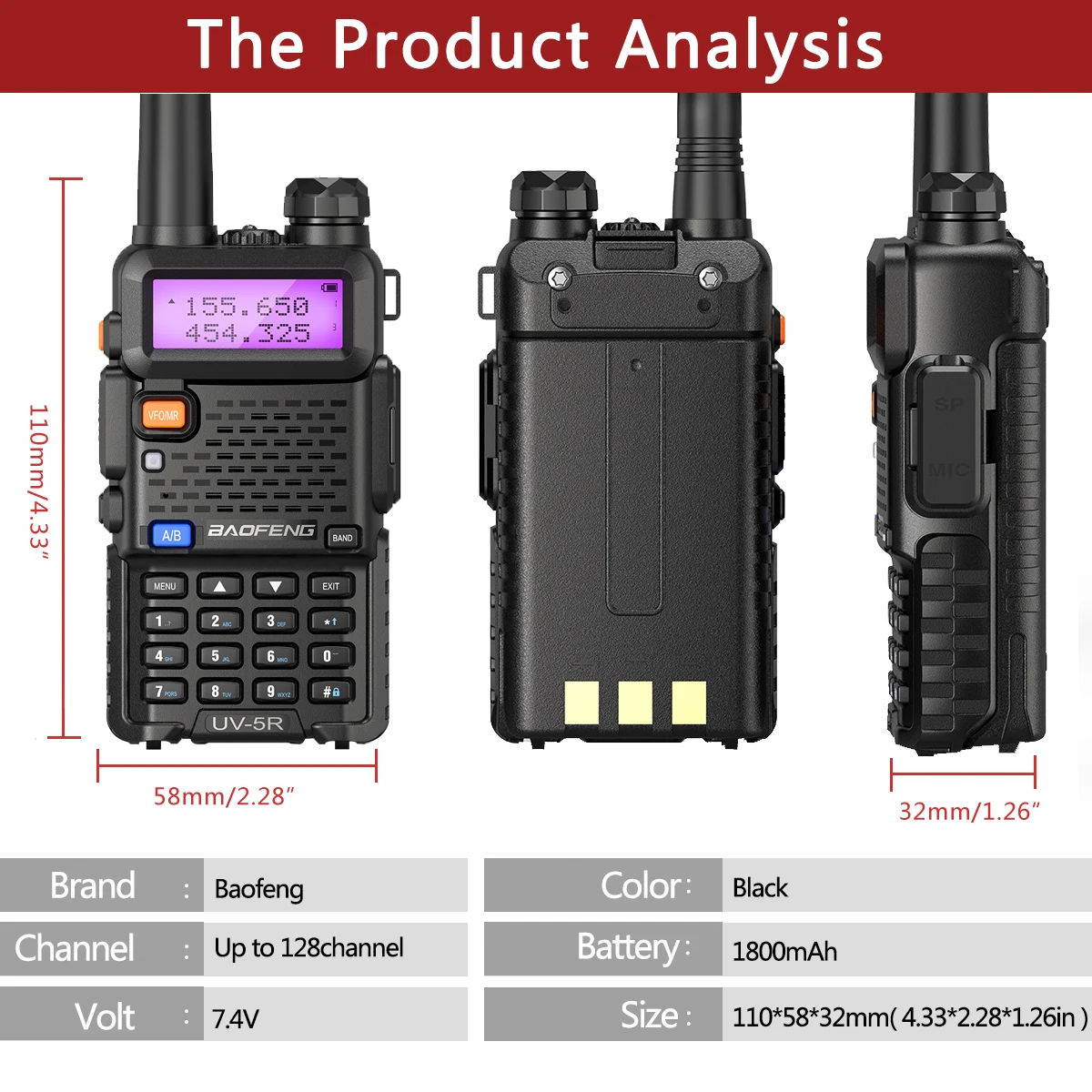 Baofeng UV5R True 8W Portable Walkie Talkie Long Range VHF/UHF Dual Band  Rechargeable Two Way Radio Amateur for Camping Hunting