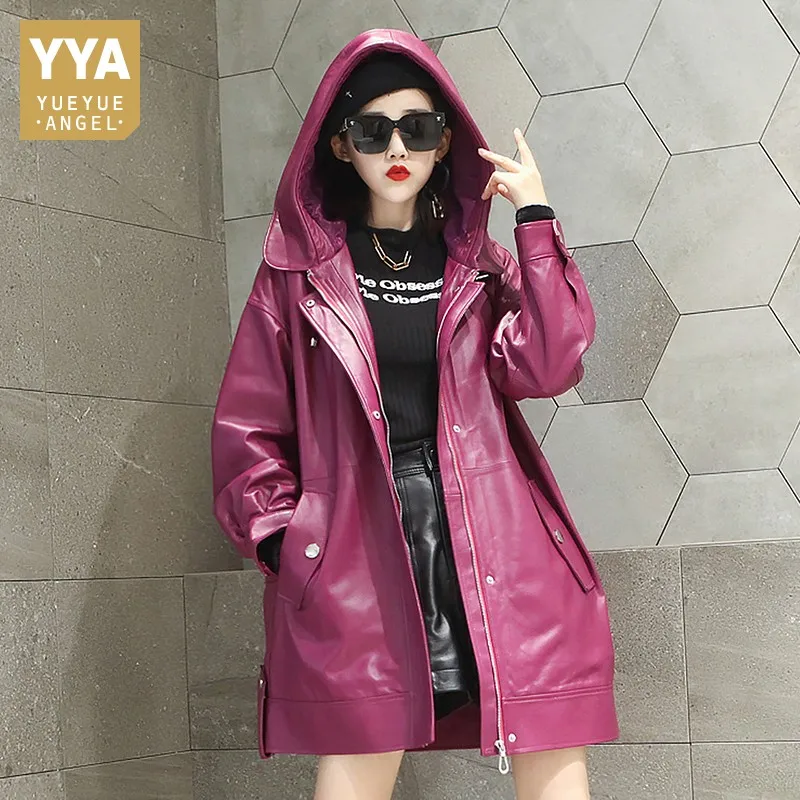Designer Frauen Lose Fit Hoody Midi Lange Jacke Harajuku Hip Hop Lose Outwear Graben Mantel Windbreaker Echtem Leder Jacke
