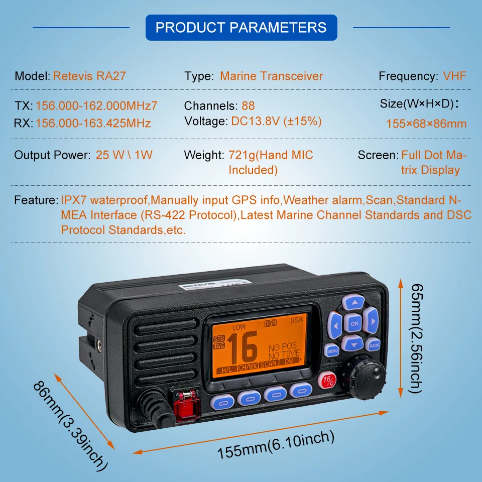 Retevis RA27 VHF Marine-Radio-Transceiver, 25 W, IP67, wasserdicht, GPS, NOAA, Festmontage, Klasse D, DSC, Marine-Transceiver (USA/INT/CAN)