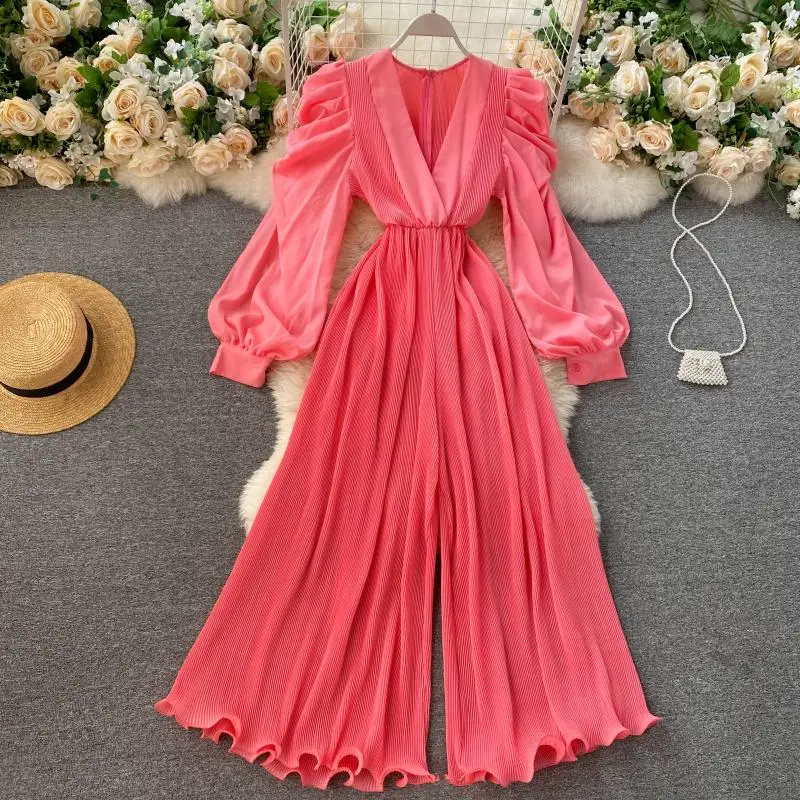 Phụ Nữ Sexy Xếp Ly Áo Liền Quần Thu Đông 2021 Chắc Chắn Tím/Đen/Trắng Jumpersuit Nữ Ren Ống Rộng Rủ Playsuits nữ Mới