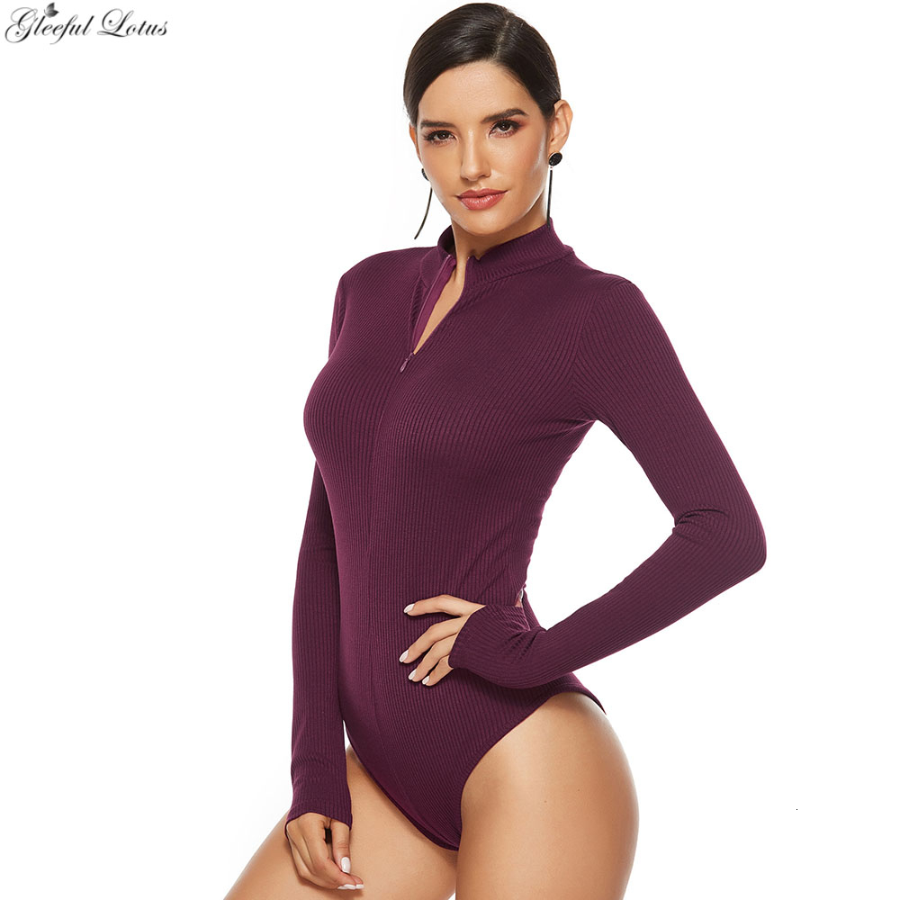 เซ็กซี่ถัก Bodysuits Plus ขนาด Jumpsuits Bodycon แขนยาวผู้หญิงฤดูใบไม้ผลิฤดูใบไม้ร่วง Tops Zipper Stand Collar 2019 ใหม่