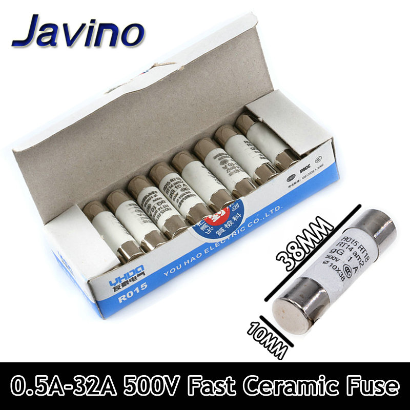 5-60 Uds Javino 10*38 fusible cerámico de soplado rápido 10x38mm fusible 500V 0.5A 1A 2A 4A 5A 6A 8A 10A 16A 20A 32A RO15 RT18 RT14