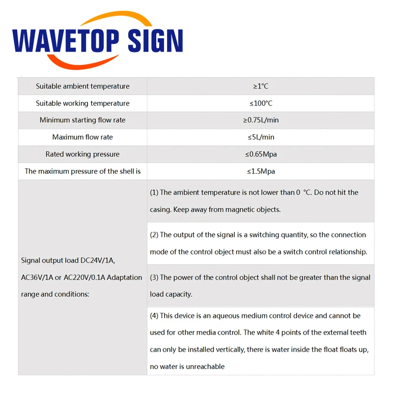 WaveTopSign Water Flow Switch Sensor 8/10mm Protect for CO2 Laser Engraving Cutting Machine