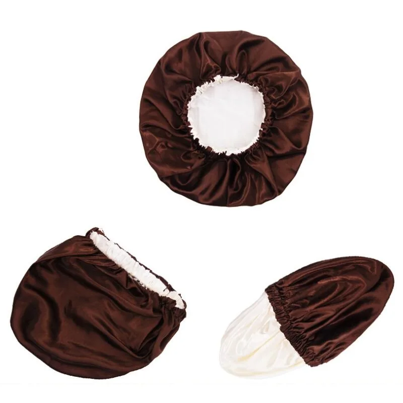 Gorro de satén sedoso Reversible de Color sólido, gorro de noche para dormir de doble capa, gorro para la cabeza, gorro para cabello rizado elástico, negro