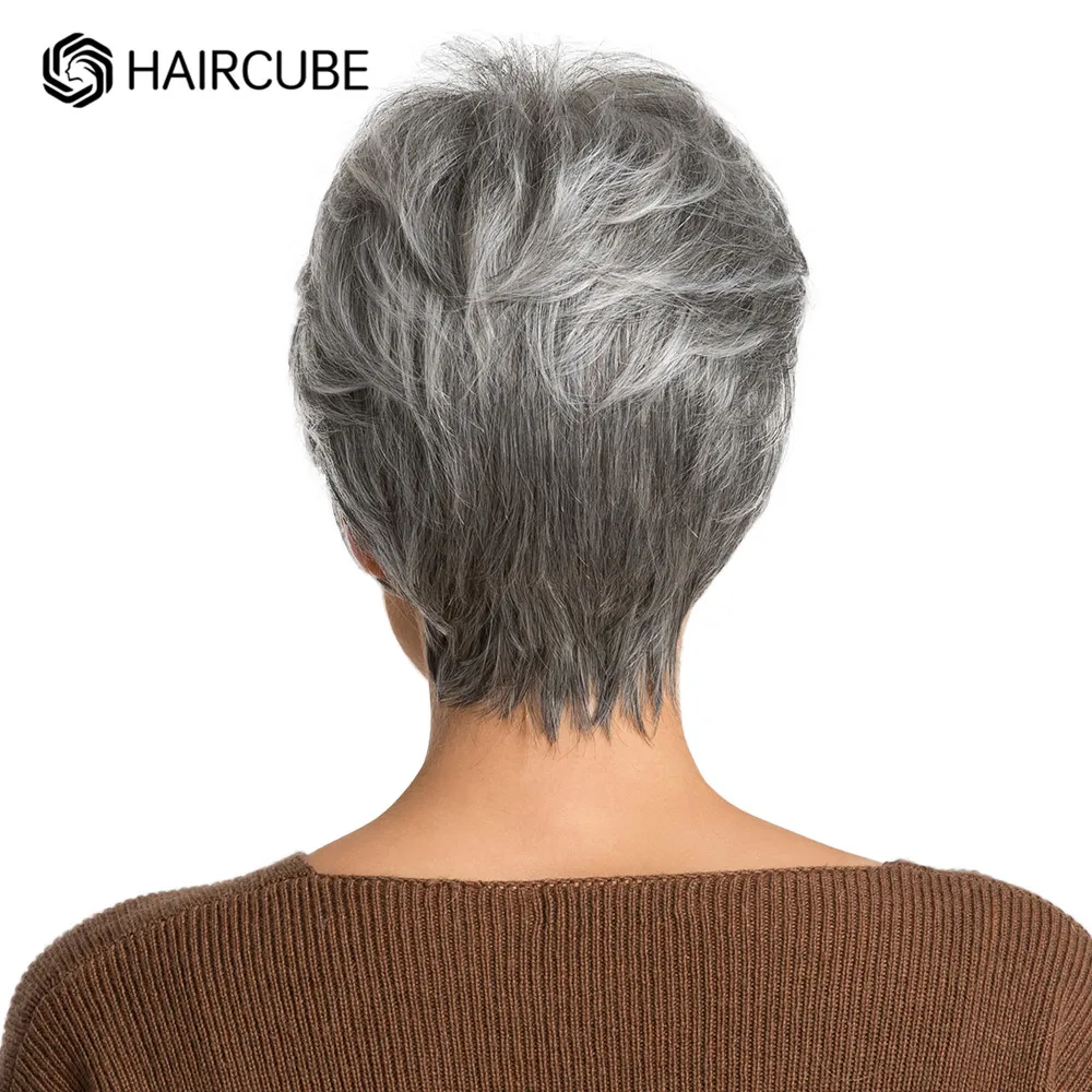 HAIRCUBE Ngắn Xám Tóc Tóc Giả Với Nổ Bạc Tro Pixie Tóc Giả Dành Cho Nữ Tổng Hợp Bộ Tóc Giả Hỗn Hợp Với Tóc Của Con Người Cao nhiệt Độ