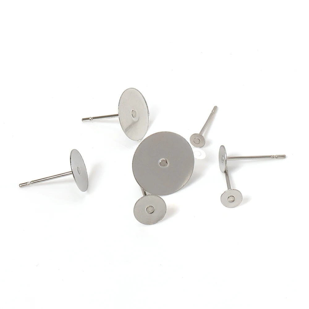 100 Pcs 316L Stainless Steel Kosong Kancing Anting-Anting Pin 3-12 Mm Flat Round Tray Telinga Dasar Temuan Perhiasan untuk DIY Anting-Anting Membuat
