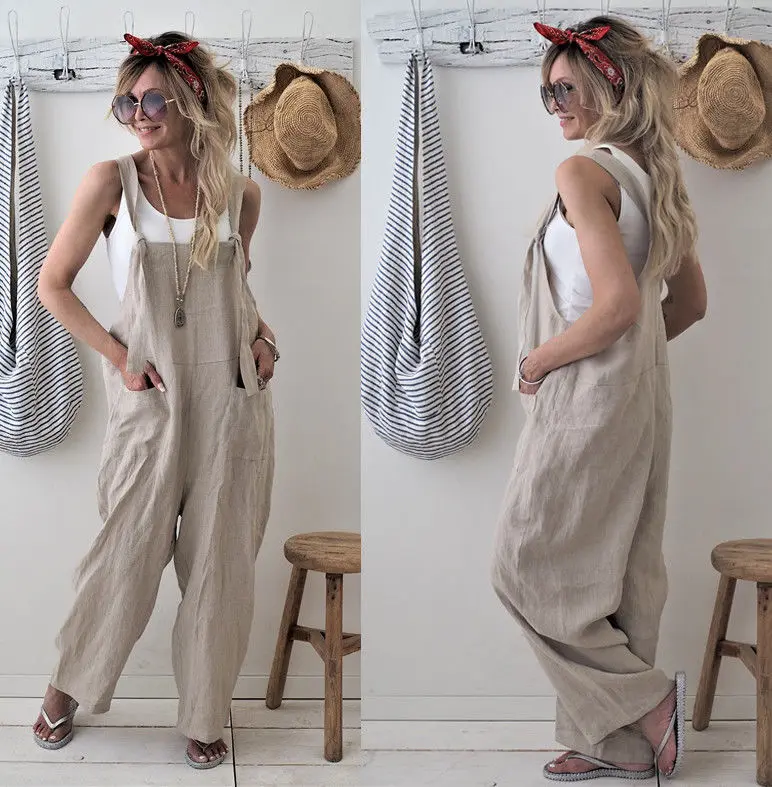 Nuevo Mono informal holgado con tirantes de pierna ancha para mujer, pelele con bolsillos lisos de lino y algodón, monos para mujer, monos de talla grande