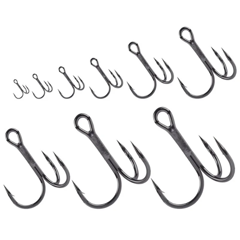 10 unids/lote anzuelo de pesca triple afilado fuerte curva redonda amplia espacio anzuelos de púas de acero alto en carbono para señuelos cebos tamaño 2 # -10 #