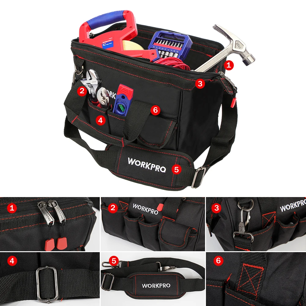 Borsa per attrezzi WORKPRO 12/14/16/18 pollici borsa a tracolla per elettricista in poliestere 600D borsa per attrezzi borsa a tracolla per uomo Multi borsa per attrezzi