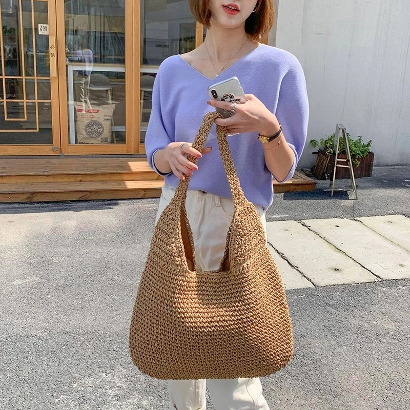 Casual Straw Women Shoulder Bags Wicker Woven Ladies Handbags Handmade Summer Beach Rattan Bag Female Messenger Bag Large Totes